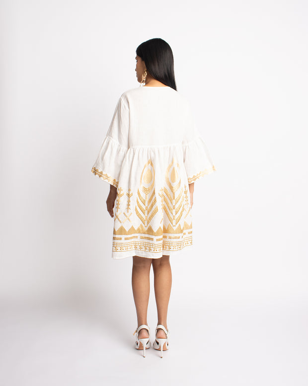 Feather White and Gold Bell Sleeve Mini Dress