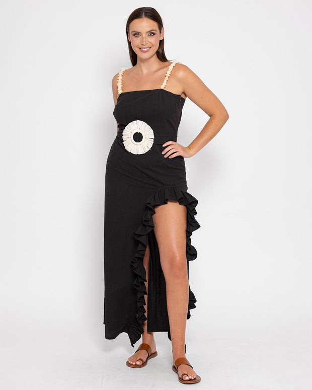 BLAIZ Sundress Francine Black with Raffia Belt Maxi Dress