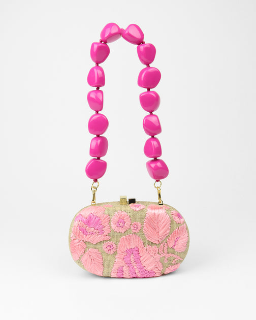 Olivine Embroidered Flower Pink Straw Bag
