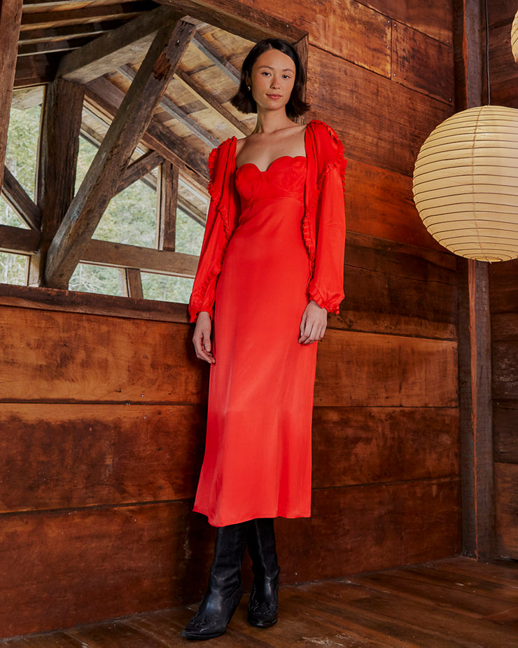 BLAIZ farm rio Heart Shaped Neckline Red Long Sleeve Midi Dress