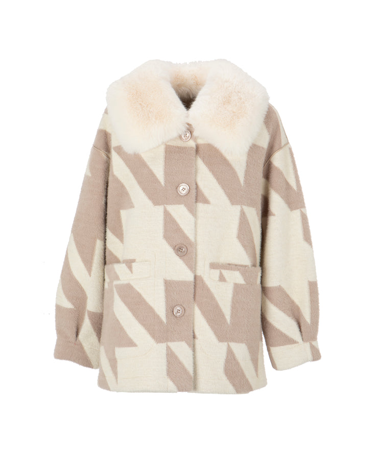 Cream Houndstooth Pattern Faux Fur Collar Reversible Jacket
