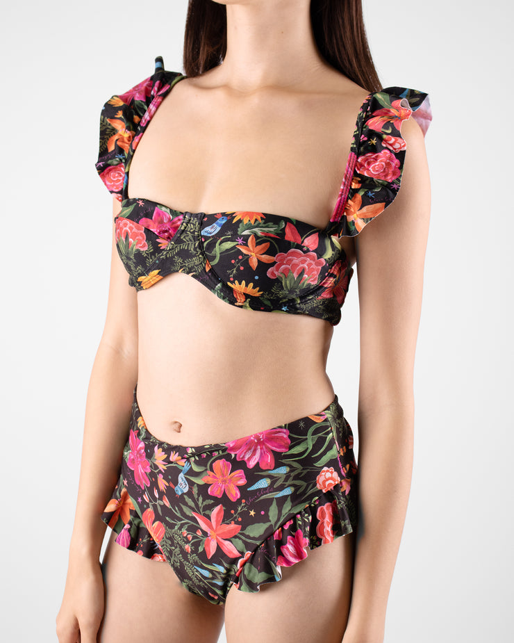 Black Botanic Print Ruffle Hem Bikini Set