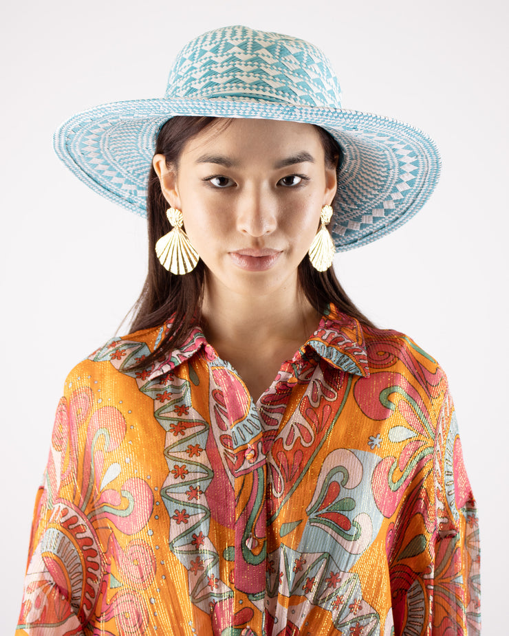Audrey Turquoise  Printed Paper Straw Hat