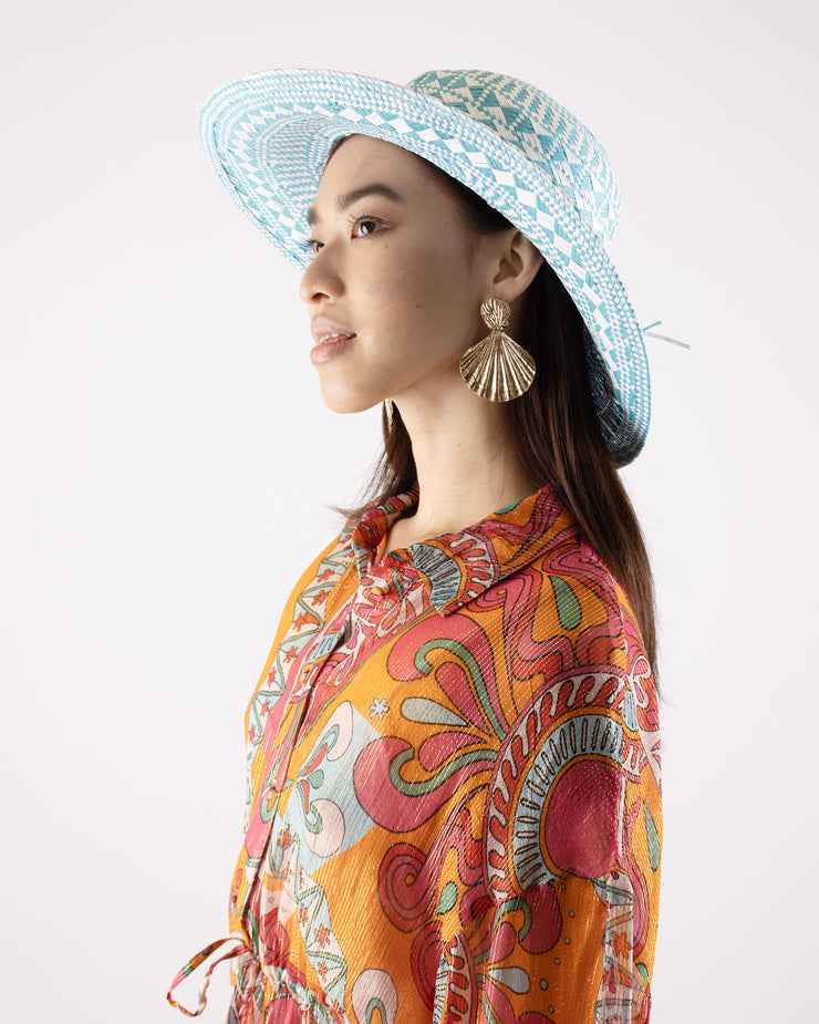 Audrey Turquoise  Printed Paper Straw Hat