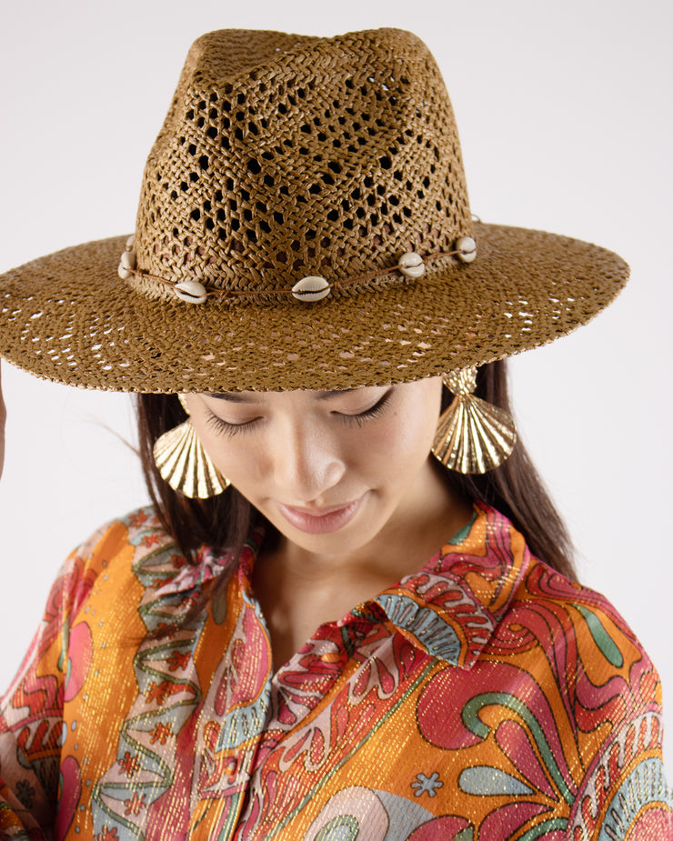 Joanna Camel Cowrie Shells Paper Straw Hat