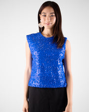 Electric Blue Sequin Boxy Cut Out Back Sleeveless Top