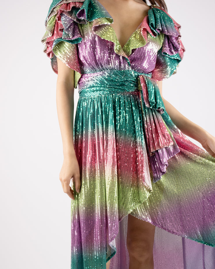 Blaiz Celia B Rainbow Opal Asymmetric Ruffled Midi Dress