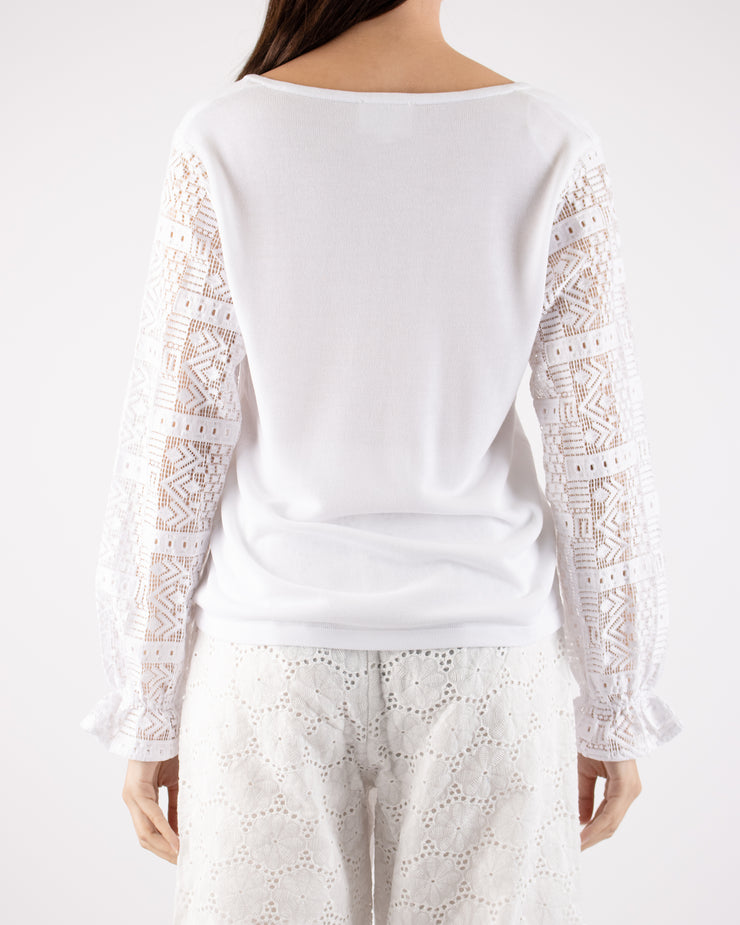 White Long Sleeve V-Neck Sweater With Lace Sleeves