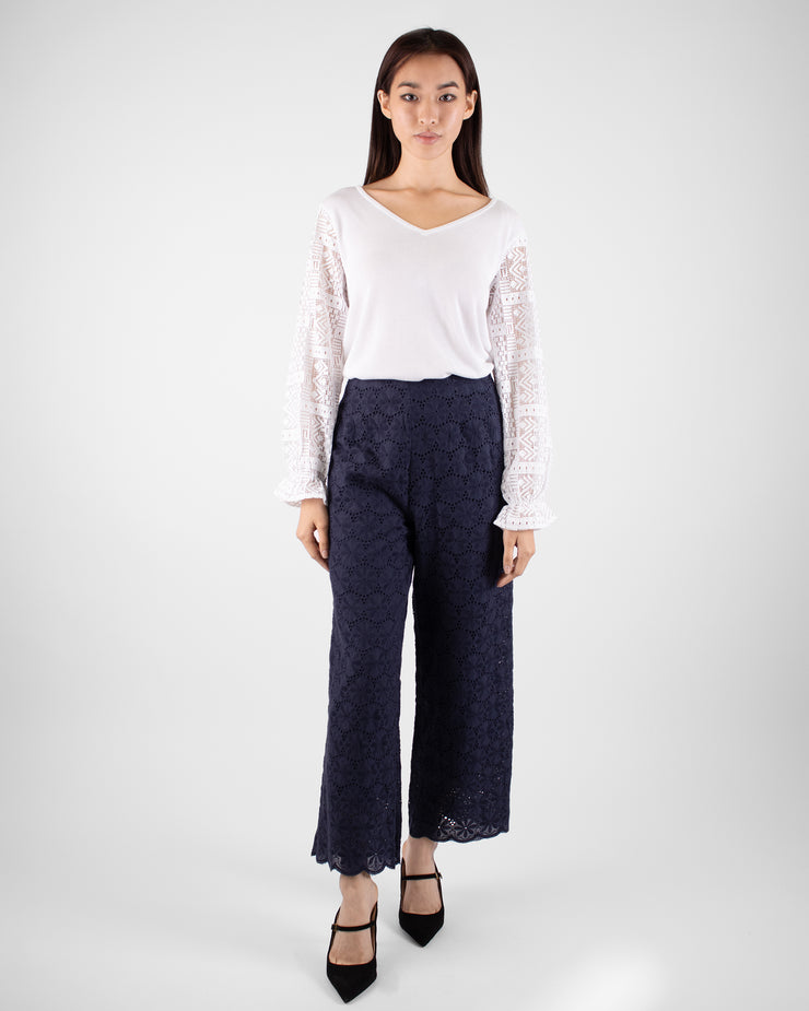 Navy Embroidery Cullote Trousers
