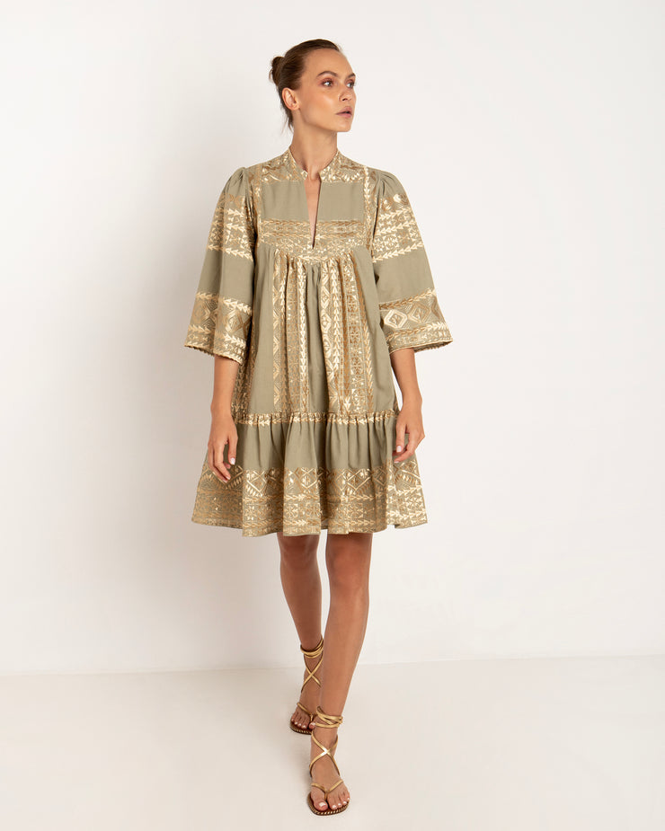 BLAIZ Greek Archaic All Over Tea and Gold Mini Dress