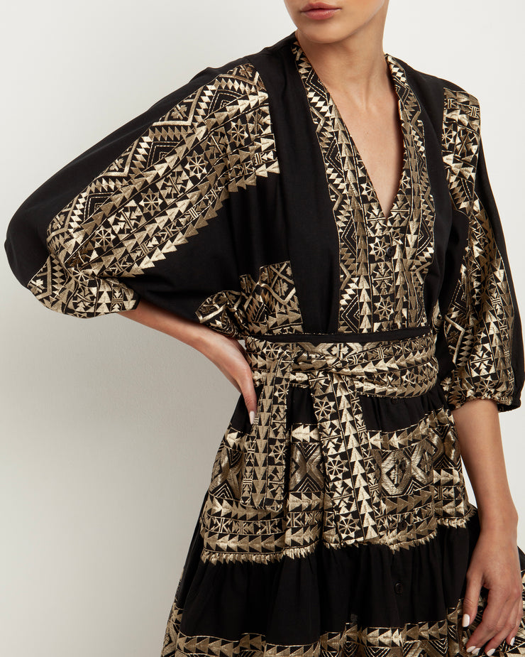 BLAIZ Greek Archaic Kori All Over Black and Gold Chemisier Dress