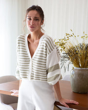 Ivory and Olive Striped V-Neck Button Front Cardigan