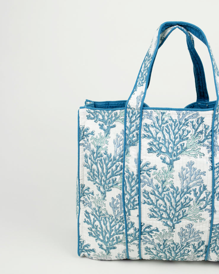 Coral Multi Blue Block Printed Cotton Quilted Tote Bag