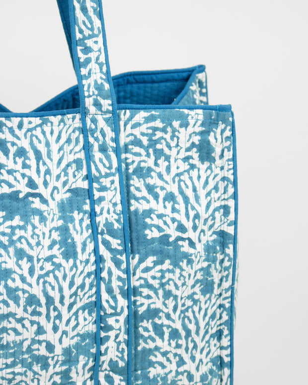 Blaiz Ayras World Coral Limoges Blue Block Printed Cotton Quilted Tote Bag