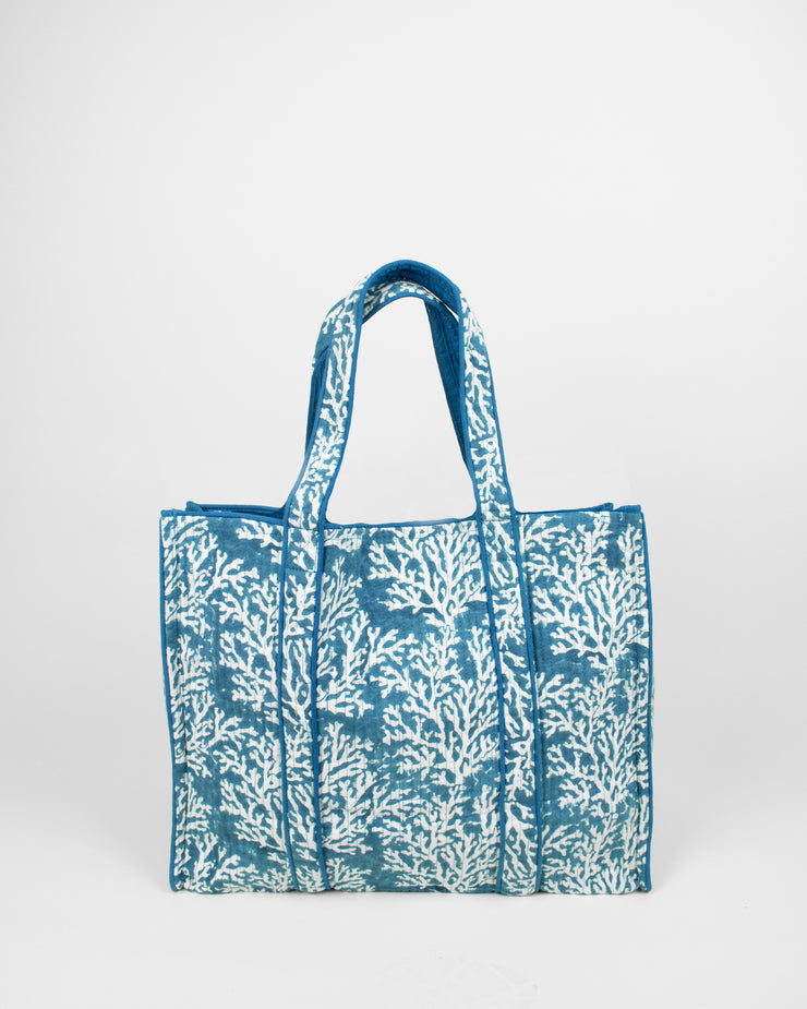 Blaiz Ayras World Coral Limoges Blue Block Printed Cotton Quilted Tote Bag