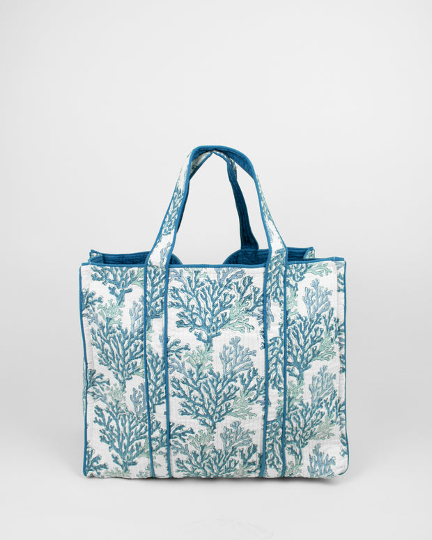 Blaiz Ayras World Coral Multi Blue Block Printed Cotton Quilted Tote Bag
