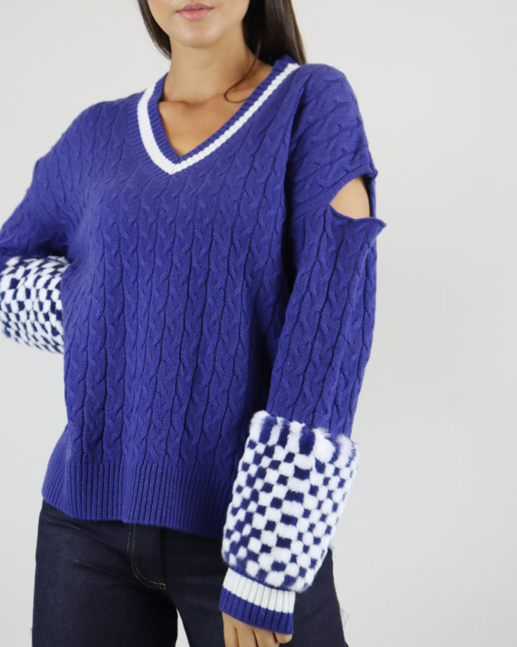 IZAAK AZANEI | BLAIZ | Blue Knit V-Neck Sweater Jumper Fur Cuffs 