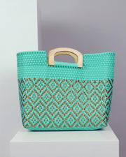 BLAIZ  Mexico Octavia Gold & Turquoise Wooden Handle Woven Tote