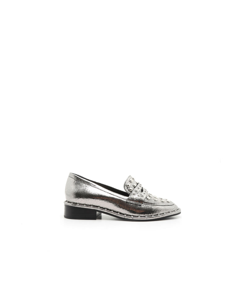 SCHUTZ | BLAIZ | Metallic Silver Studded Penny Loafers Flats