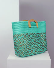 BLAIZ  Mexico Octavia Gold & Turquoise Wooden Handle Woven Tote