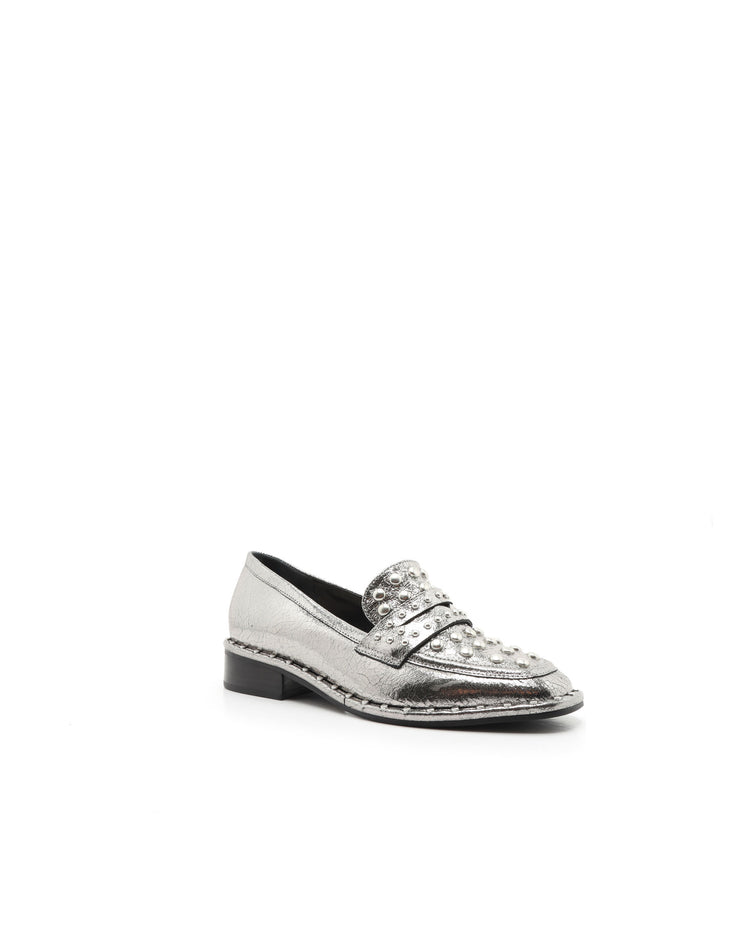 SCHUTZ | BLAIZ | Metallic Silver Studded Penny Loafers Flats