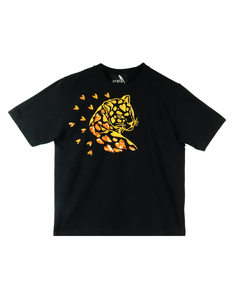 Arara Cheetah In Love Gold Beaded Black T-shirt