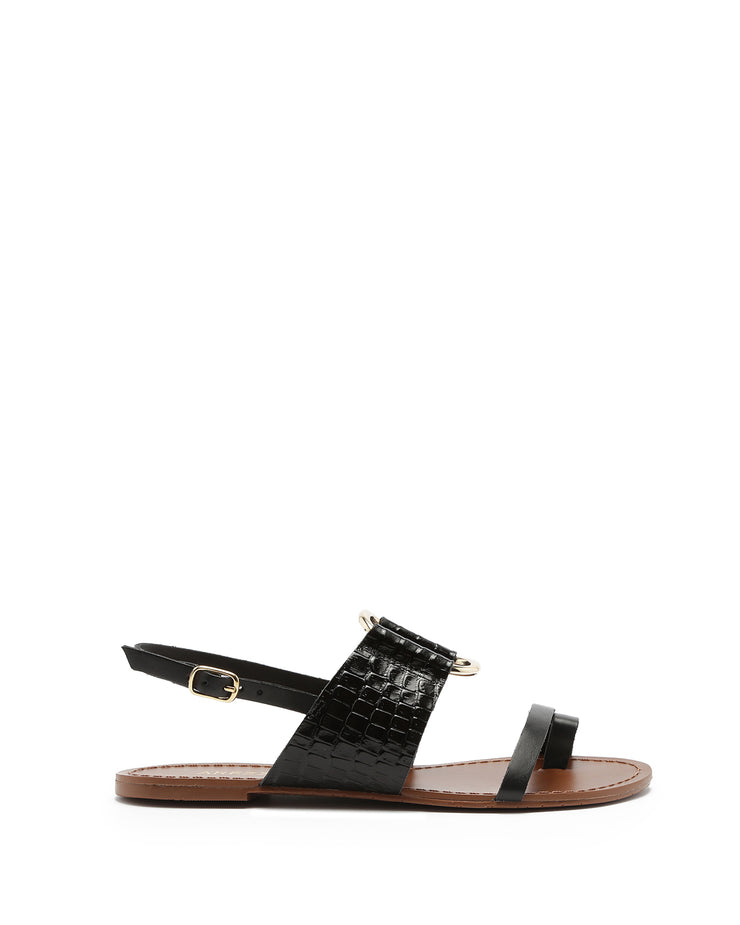 AREZZO | BLAIZ | Black Leather Buckle Sandals Gold Croc Flats Summer Brown