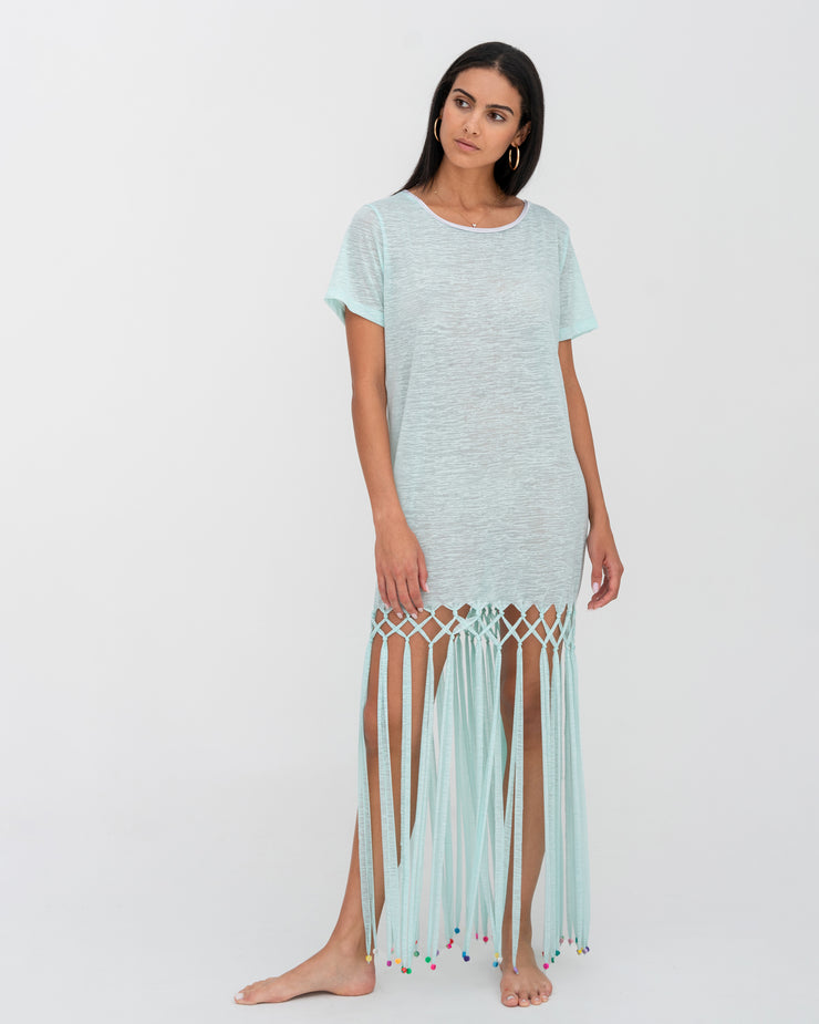 Aqua Beaded Fringe T-shirt Dress