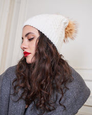 227 | BLAIZ | White Pom Pom Cable Knit Winter Hat