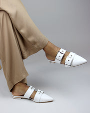 SCHUTZ | BLAIZ | White Buckle Pointed Flats Slip On Shoes Mules Leather