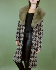 Blaiz Taupe Houndstooth Pattern Faux Fur Collar Coat
