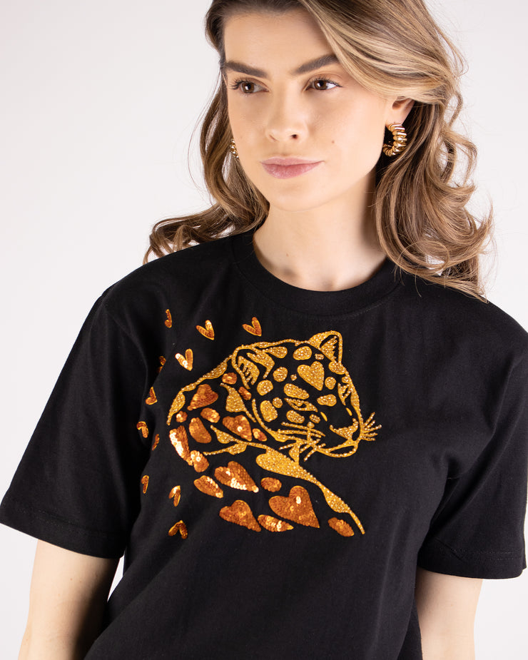 Cheetah In Love Gold Beaded Black T-shirt