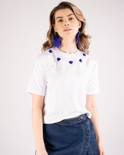 Blaiz Arara White Beaded Blue Hearts Cropped T-shirt