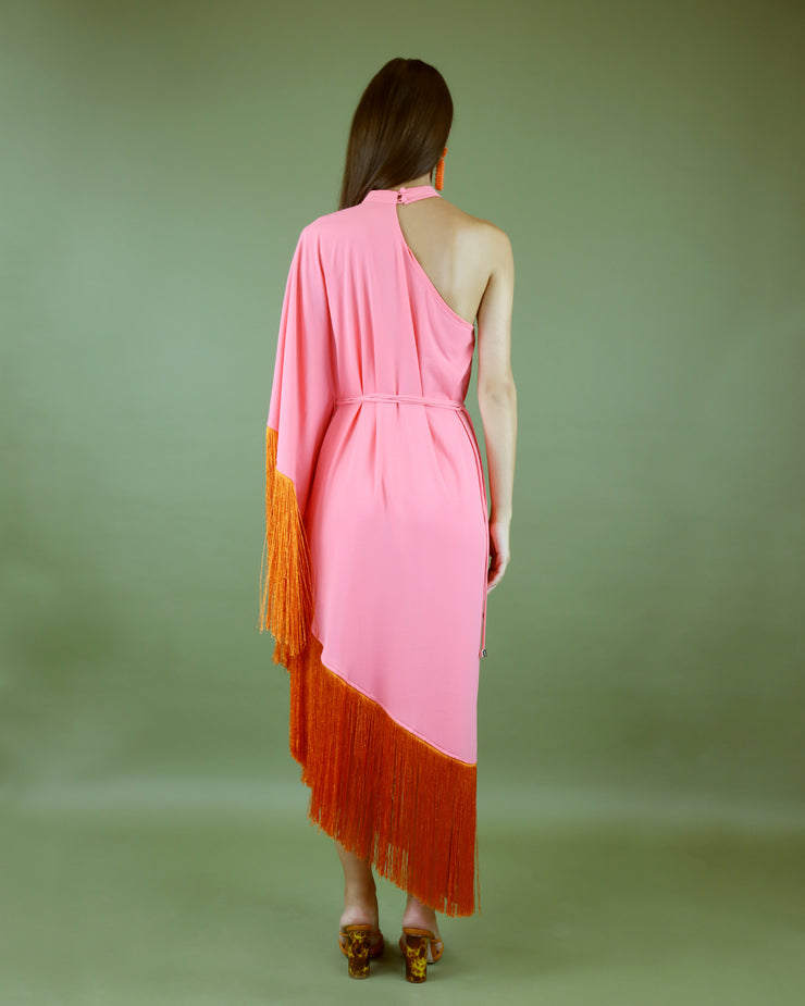 Blaiz Tufi Coral Pink Asymmetrical Fringe Midi Dress