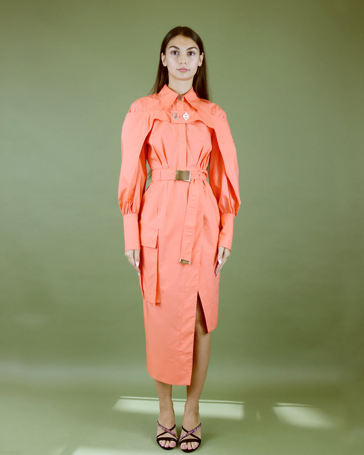 Blaiz Tufi Coral Orange Asymmetrical Blazer Midi Dress