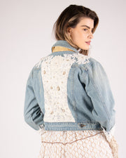 BLAIZ Denim Ivory Lace Cropped Jacket