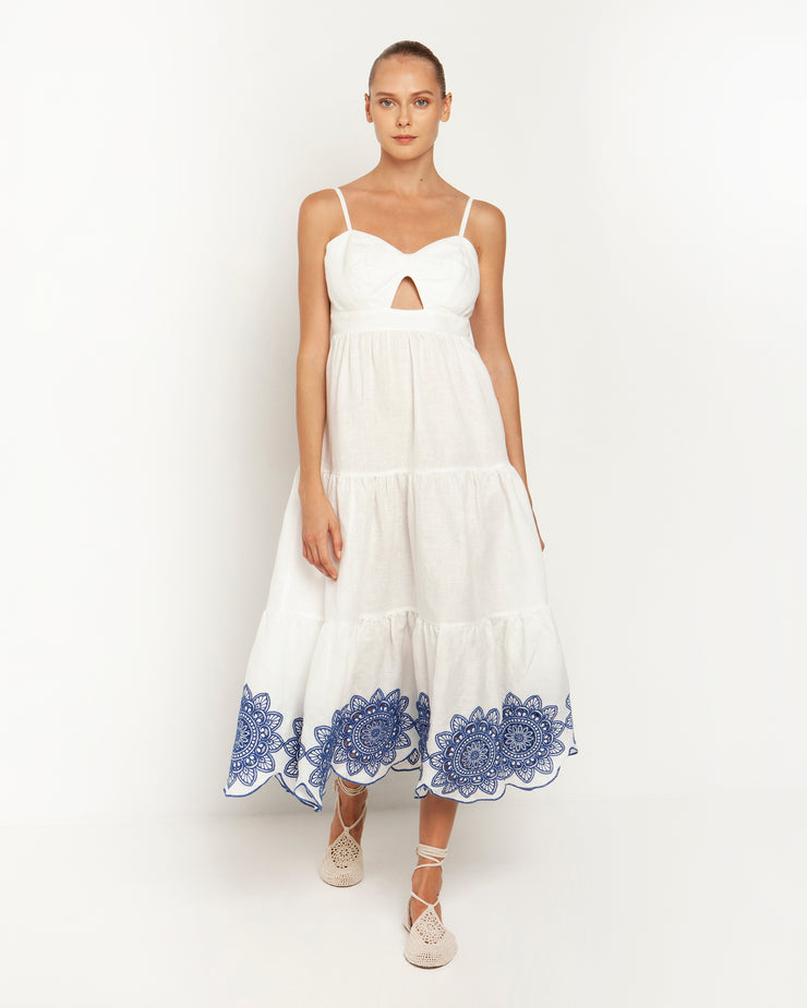 White & Blue Daisy Embroidered Midi Dress