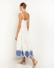 White & Blue Daisy Embroidered Midi Dress