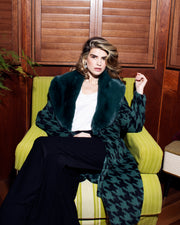 Emerald Houndstooth Pattern Faux Fur Collar Coat