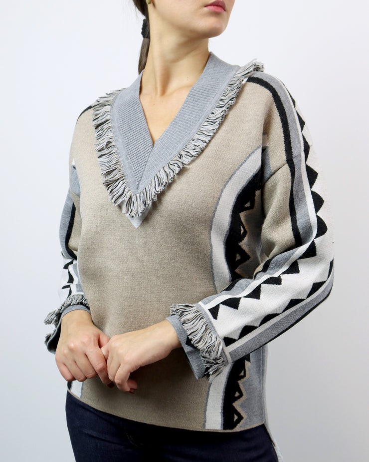 BLAIZ | Mitawa | Camel & Grey Fringed V-Neck Merino Sweater Merino Wool