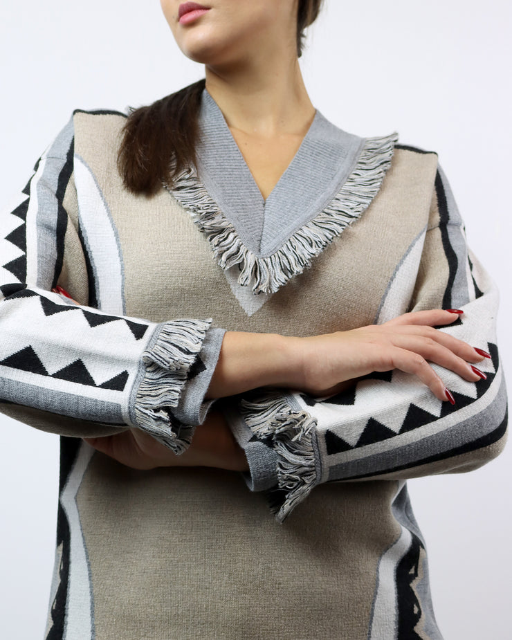 BLAIZ | Mitawa | Camel & Grey Fringed V-Neck Merino Sweater Merino Wool