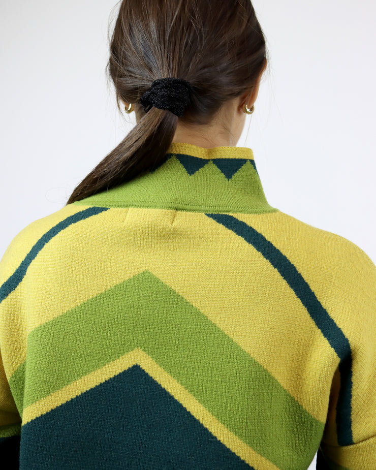 BLAIZ | Mitawa | Green, Yellow & Burgundy Fringed Sleeve Merino Wool Jumper Sweater 