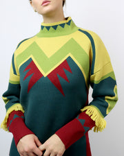 BLAIZ | Mitawa | Green, Yellow & Burgundy Fringed Sleeve Merino Wool Jumper Sweater 