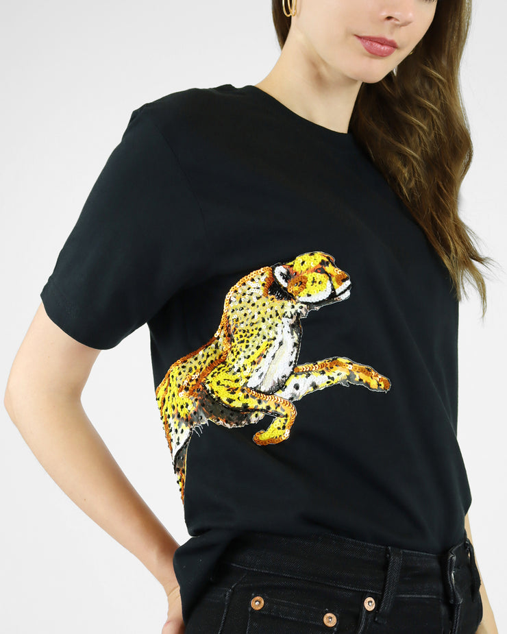 Arara Pouncing Cheetah Embellished Black T-shirt
