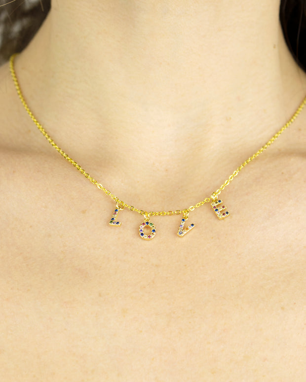 BLAIZ 227 Love Rainbow Gems Charm Gold Necklace