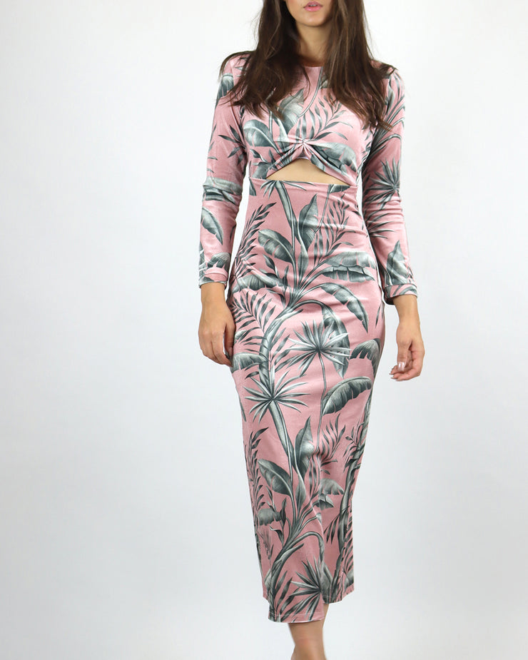 LOBO ROSA | BLAIZ | Pink Tropical Velvet Wrap Midi Dress