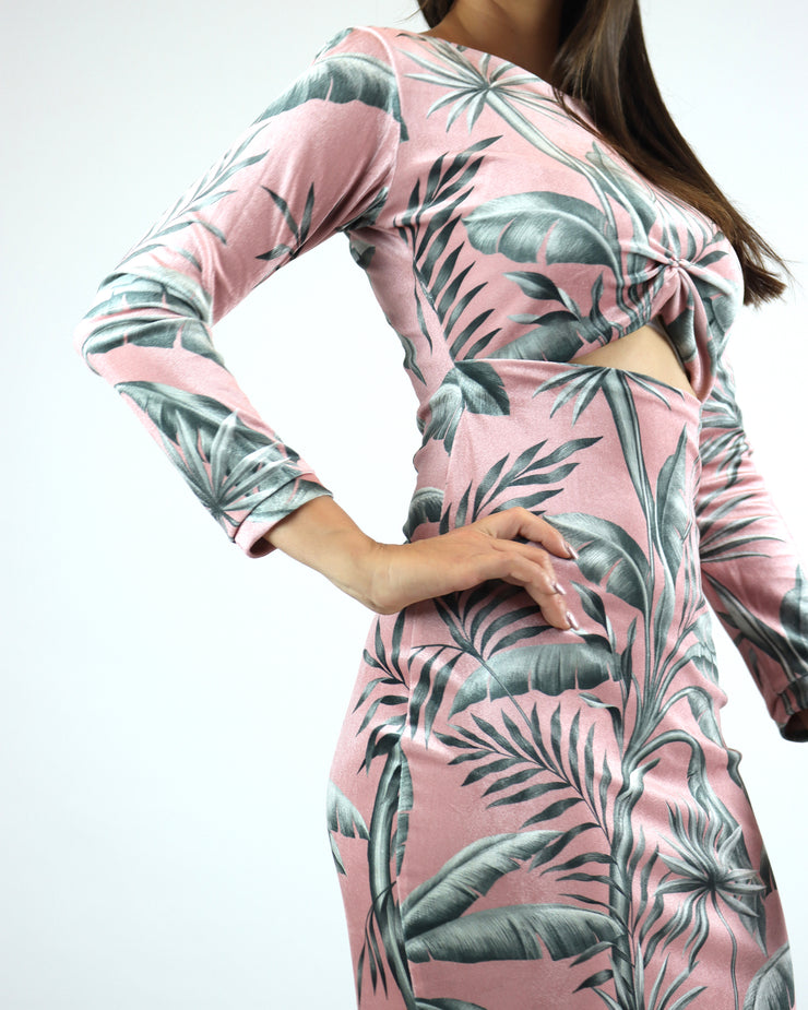LOBO ROSA | BLAIZ | Pink Tropical Velvet Wrap Midi Dress