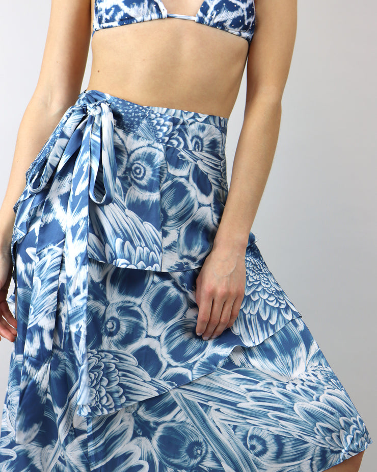 BLAIZ | Agua De Coco | Blue Ara Ruffle Midi Skirt