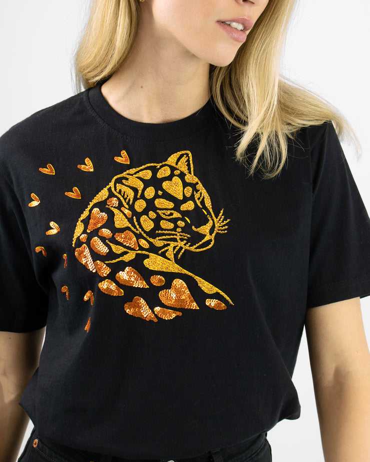 Arara Cheetah In Love Gold Beaded Black T-shirt