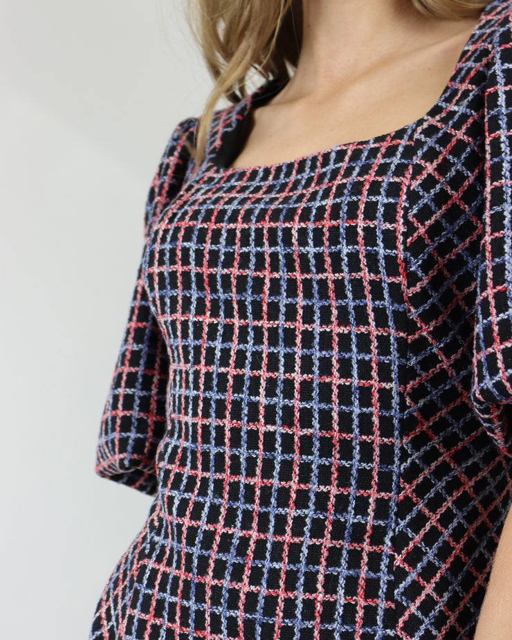 C/MEO COLLECTIVE | BLAIZ | Ink Check Precise Mini Puff Sleeve Square Neckline Dress